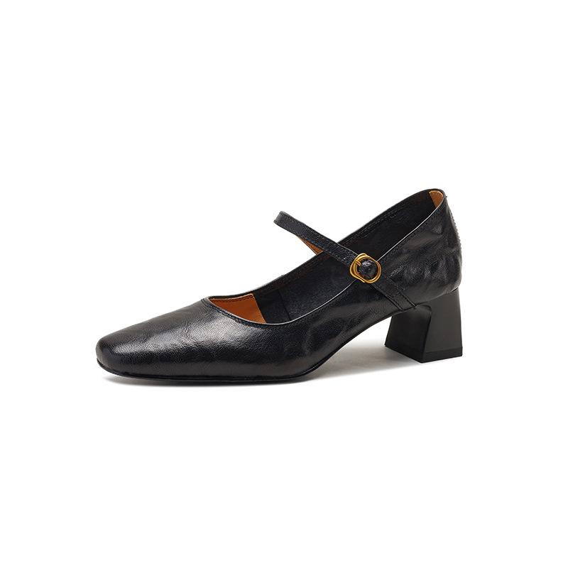 [Spot] Soft Sheepskin Black High Heels French Retro Thick Heel with Mary Jane Shoes Women's Single Shoes