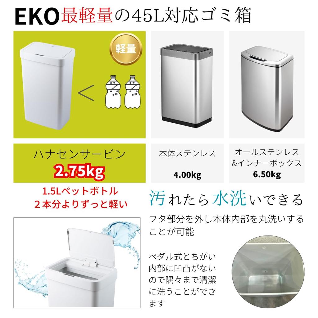 EKO Hana Sensor Bin with Automatic Open/Close Function, Gray/White, 45-50L Capacity, with Lid, No Inner Box, EK6226P-50L-WH