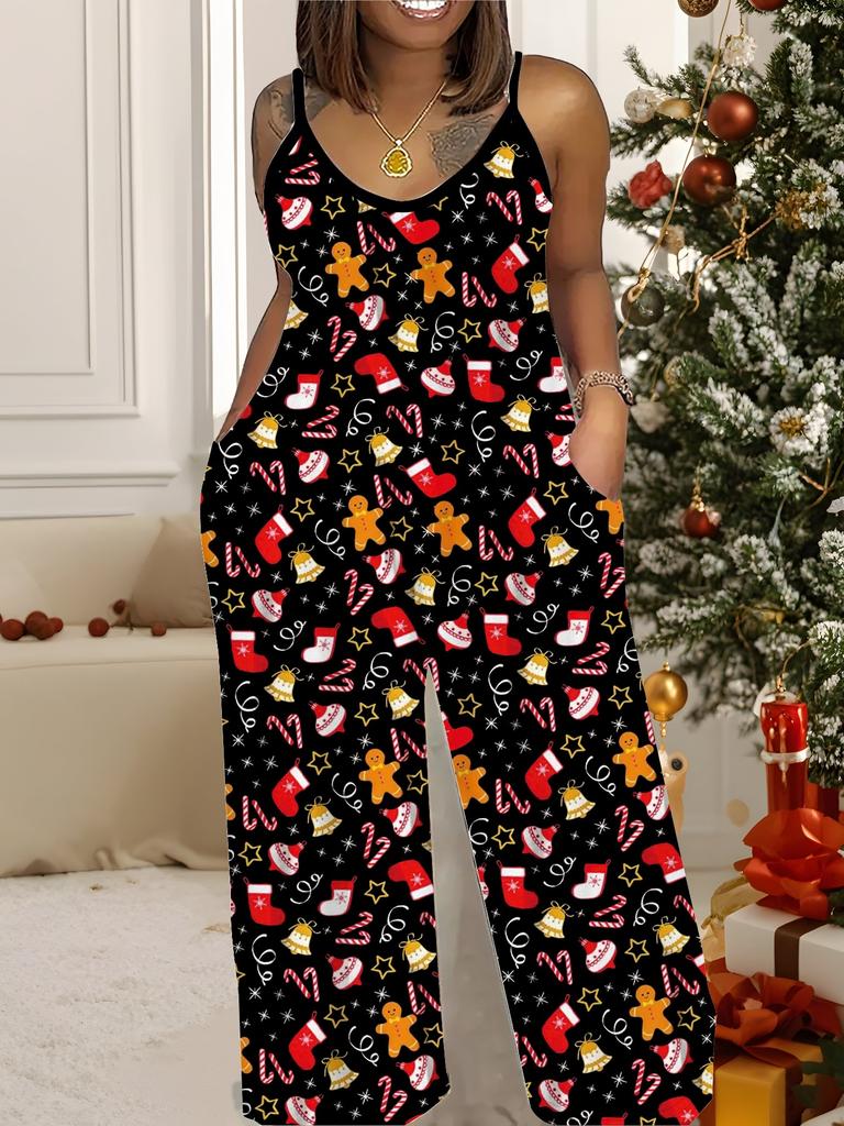 Women's Fashion Jumpsuit, Plus Size Clothing Daily Casual Fashion Wear, Graphic Christmas Printing Design, Party Parties, Christmas Clothing