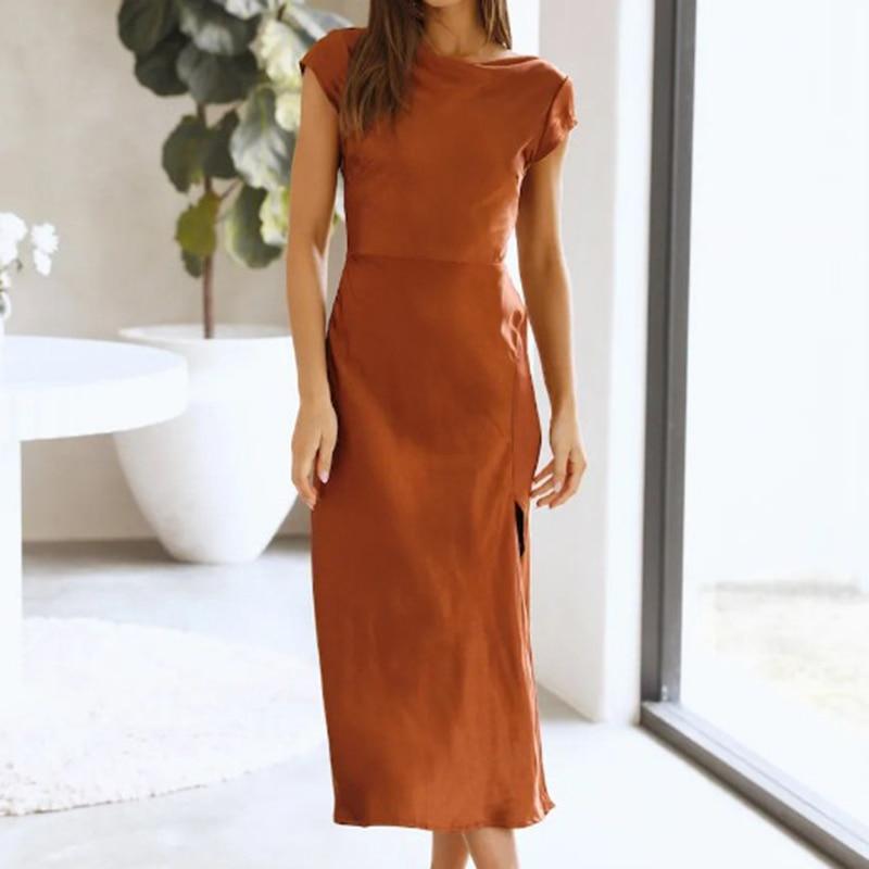 2026 Summer Womens Sexy Dress Elegant Solid Satin Swinging Neck Short Sleeve Dress Back Twisted Hollow Mid Length Dresses 28311