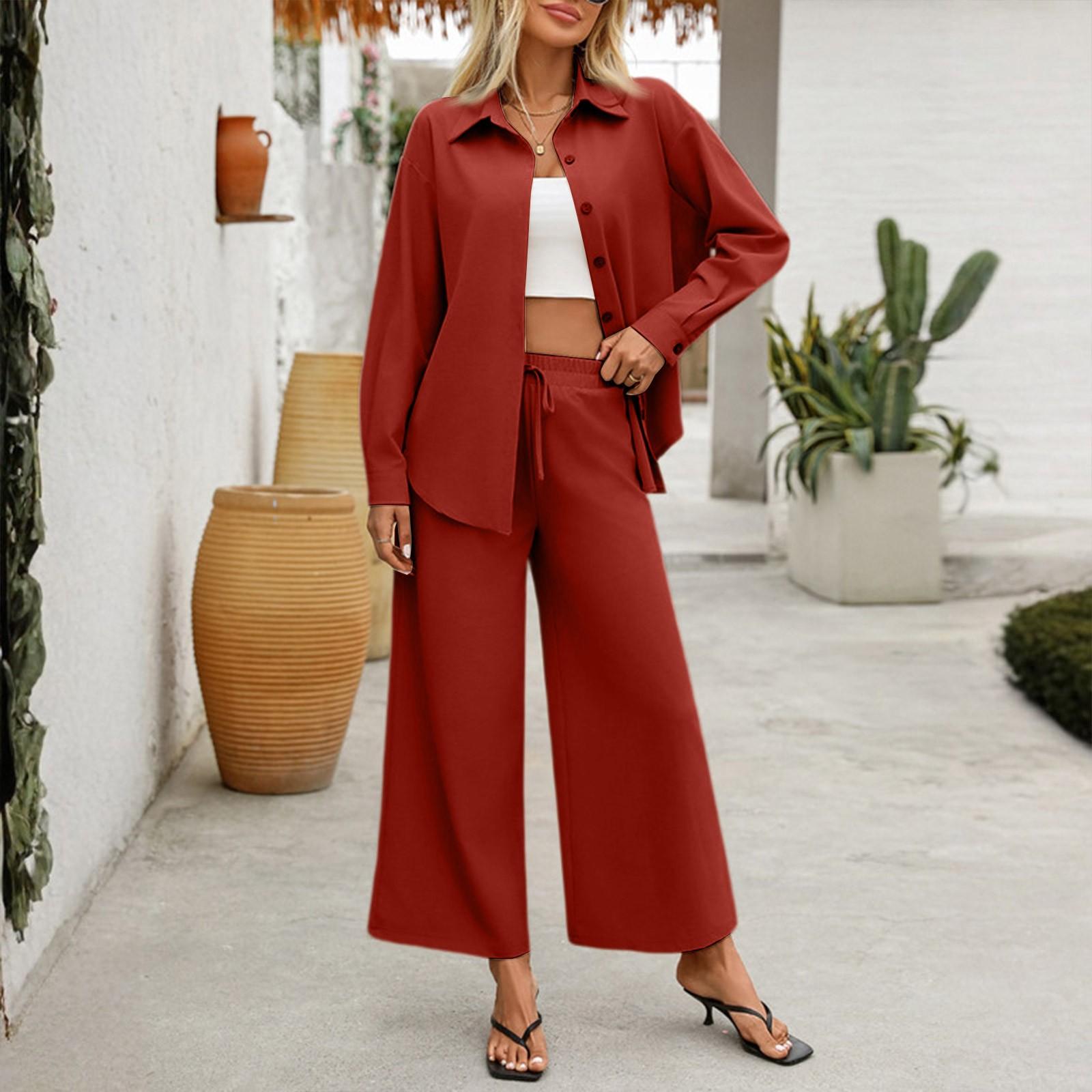 

Женский свободный повседневный весенний кардиган, рубашка с длинным рукавом, широкие брюки, комплект из двух предметов XL винный