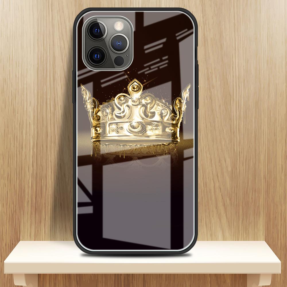 Diamond Crown Printing Glass Case For iPhone 11 13 12 14 Pro XR X XS Max 7 8 6 6S Plus SE 2020 Tempered Black Edge Phone Covers