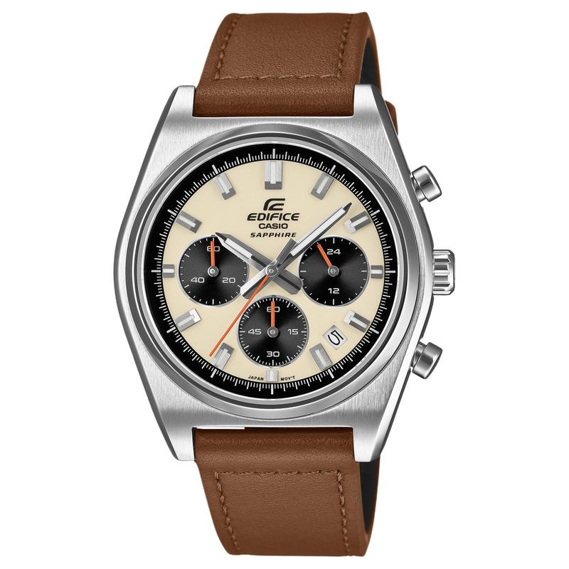CASIO EDIFICE 100 meters waterproof date display Quartz leather strap men's watch white dial EFB-730L-7AV