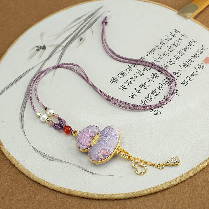 Song Dynasty Handmade Brocade Double-Sided Gourd Necklace for Women - Chinese Style Sweater Chain Accessories