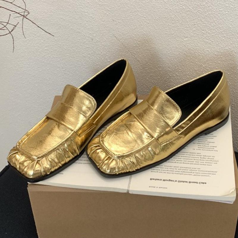 Retro Square Toe Flats Women Fashion Sewing Pleated Design Low Heel Pumps Comfort Soft Leather Non-slip Loafers Zapatos De Mujer cm oro