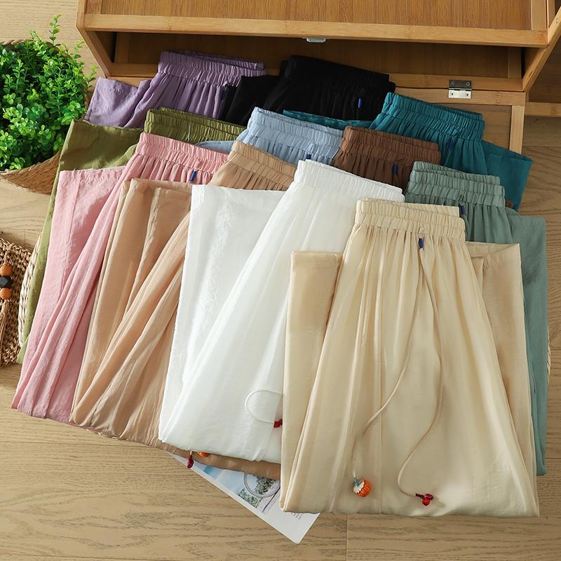 DIMANAF 2026 Plus Size Women Linen Pants Elastic Waist Vintage Basic Lady Wide Leg Long Pants Oversize Loose Tencel Solid