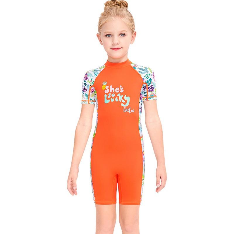 Children's Swimsuit Girl Middle Small Children One-piece Short-sleeved Box-suit Baby Sunscreen Quick-drying Hot