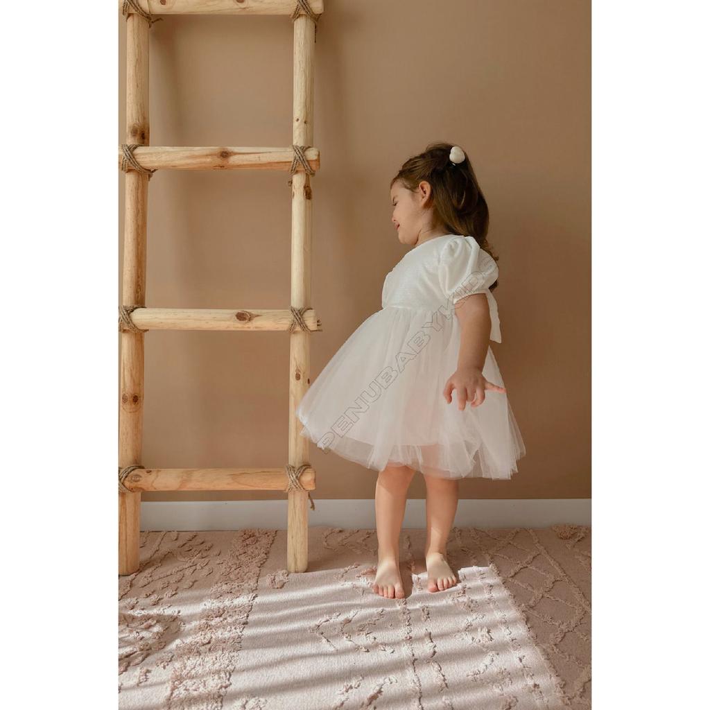 Rosa kurze Ballon-Stoffärmel, detailliertes Tutu-Tutu-Kleid für Babymädchen