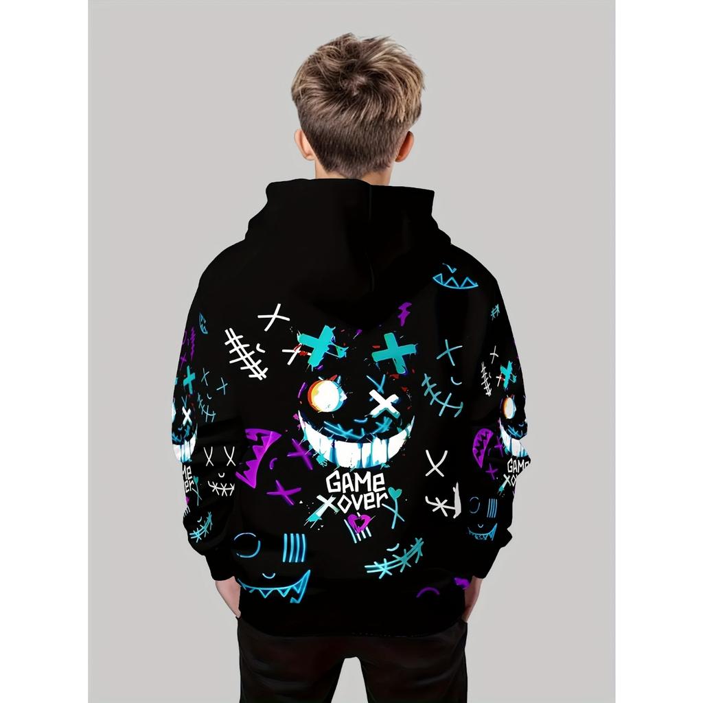 Boys' fashionable 3D printed casual pullover, spring and autumn long sleeved sportswear, boys' outdoor hoodie top