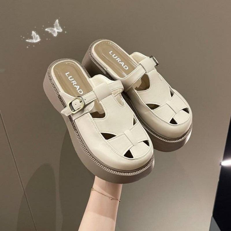 Summer new hollow big head thick bottom bag head sandals bag head half slippers women's muffin and cool slippers