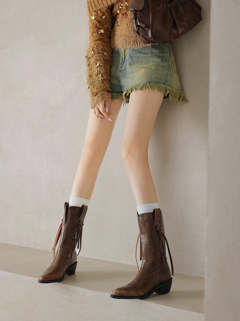 Deer Nara temperament pointed toe ins thick heel retro European and American western boots medium tube knight boots women's long boots autumn and wint