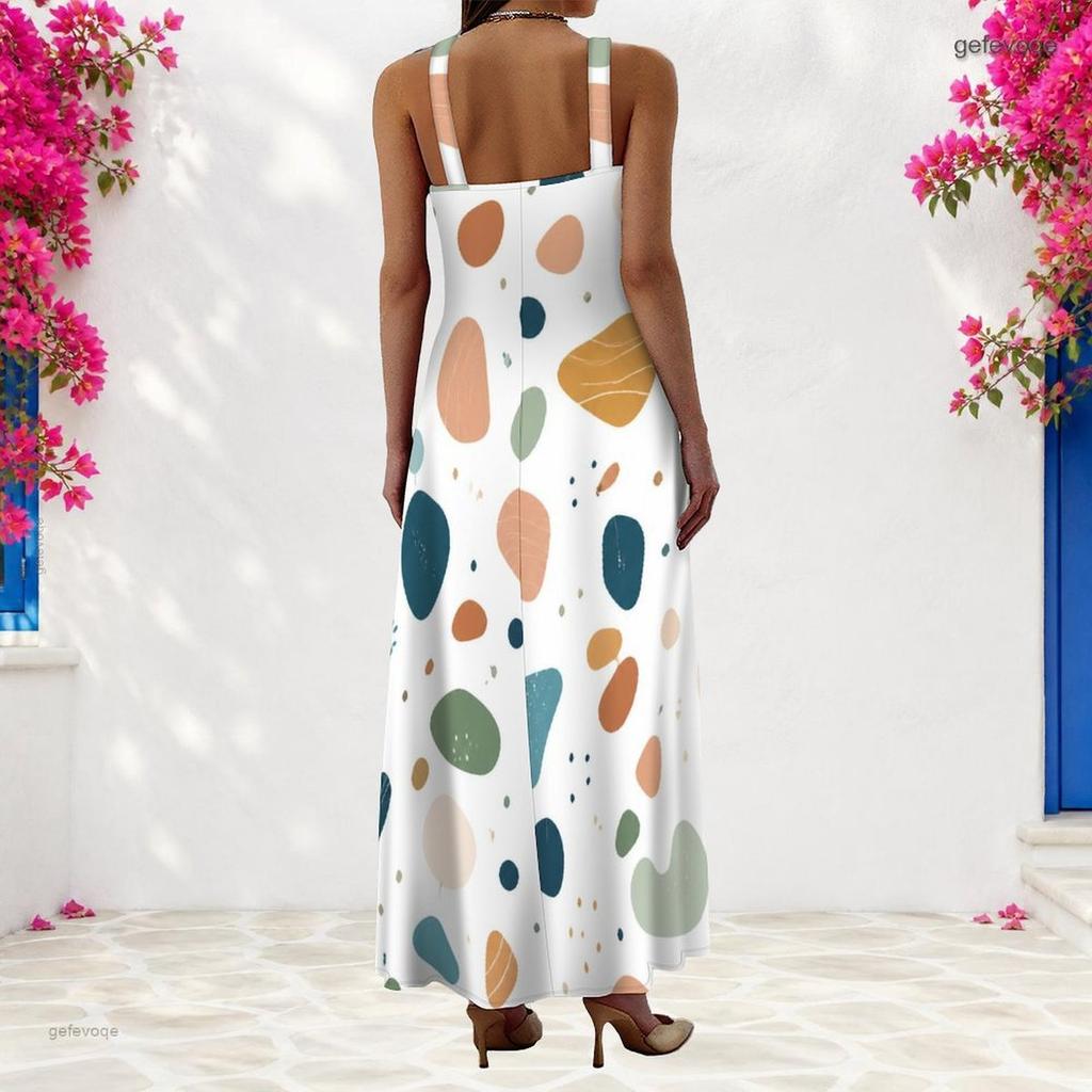 Women Plus Size Scoop Neck Strappy Sleeveless White Printed A Line Long Dress