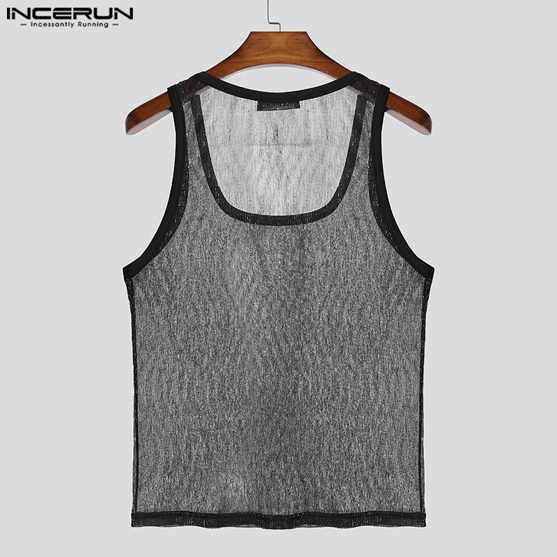 INCERUN Maiouri Transparente din Plasă Sheer cu Sclipici, Fără Mâneci, cu Guler Pătrat pentru Bărbați