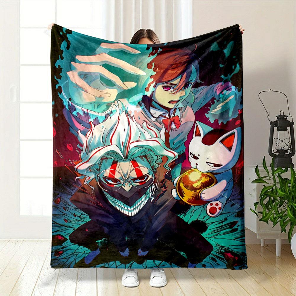 Dynamic anime characters with bold colors and supernatural elements. for all seasons blanket lunch break throw gift