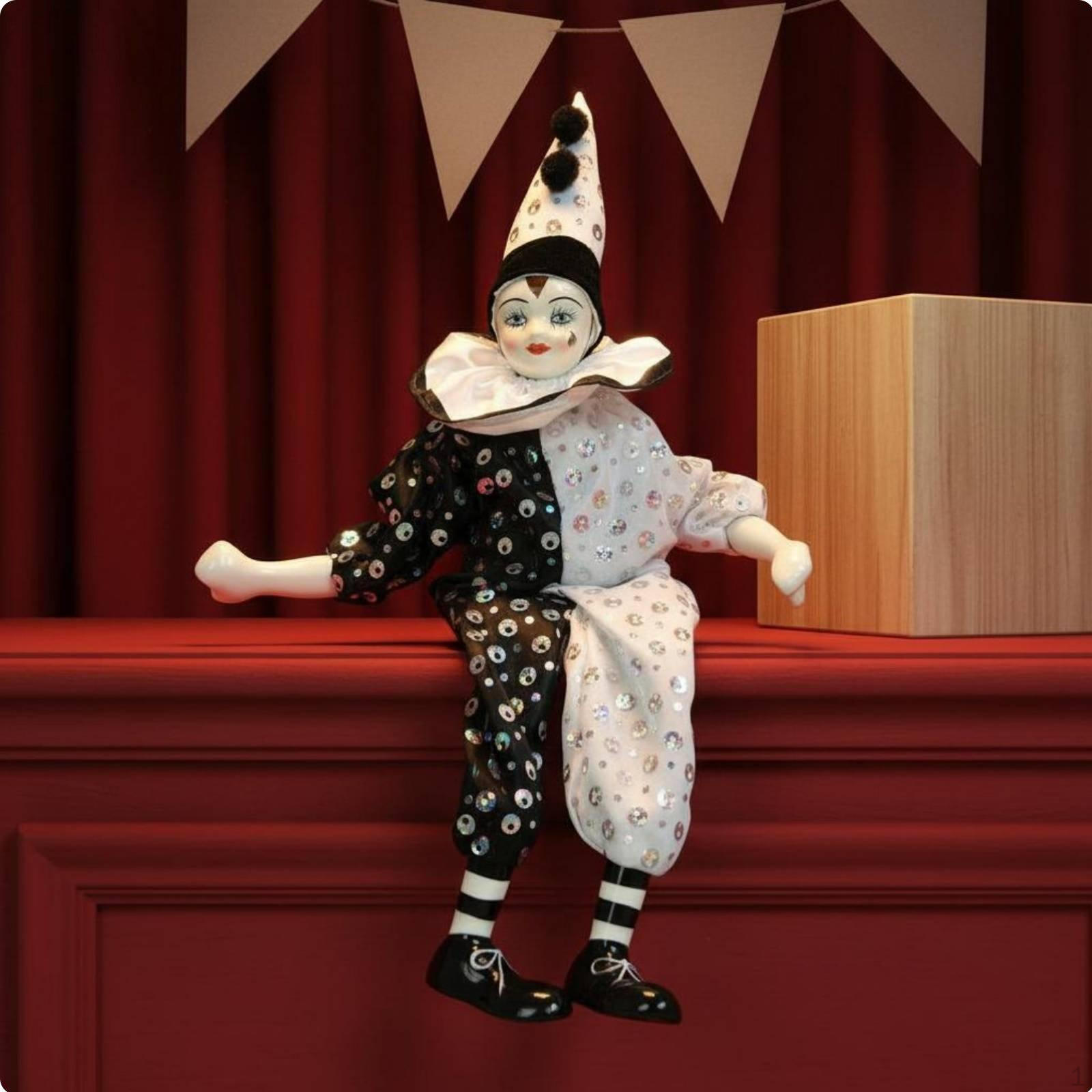 Dangling Leg Clown Doll Handmade Ceramic Harlequin Souvenir Gift Sitting Figurine for