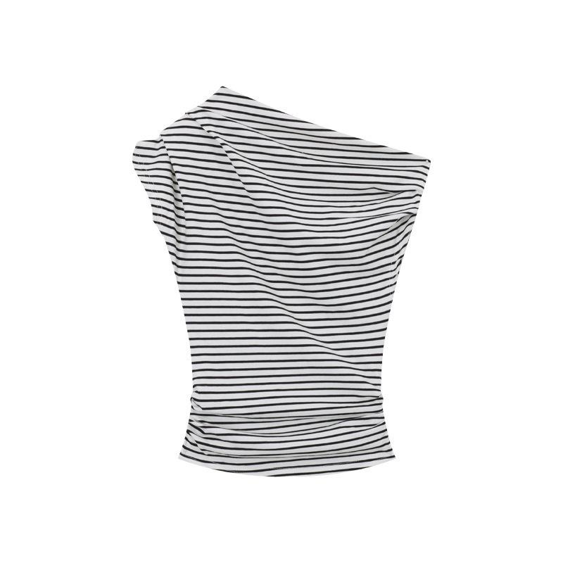 Design gestreiftes schräges Schulter kurzärmeliges T-Shirt Damen Sommer Neu Spice Girl figurbetont Atmosphäre Dopamin reine Begierde Oberteil