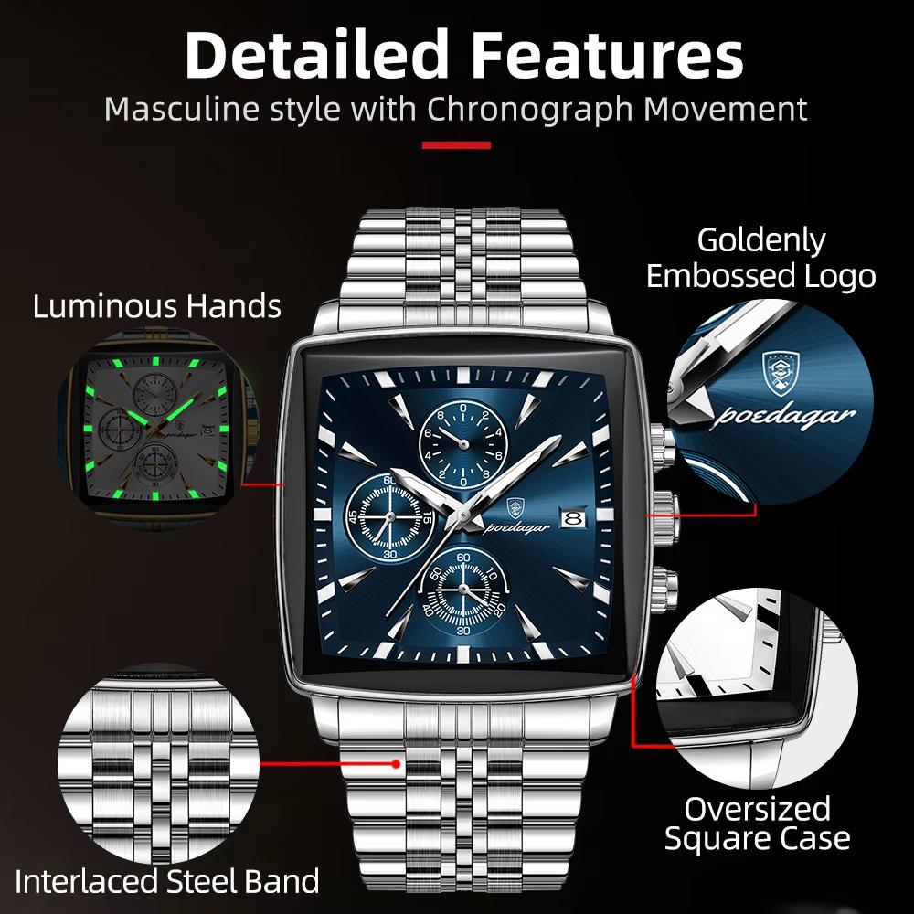 Mode Fyrkantig Urtavla Klocka för Män Rostfritt Stål Vattentät Kvarts Kronograf Herrklockor Lyx Sport Herrklocka