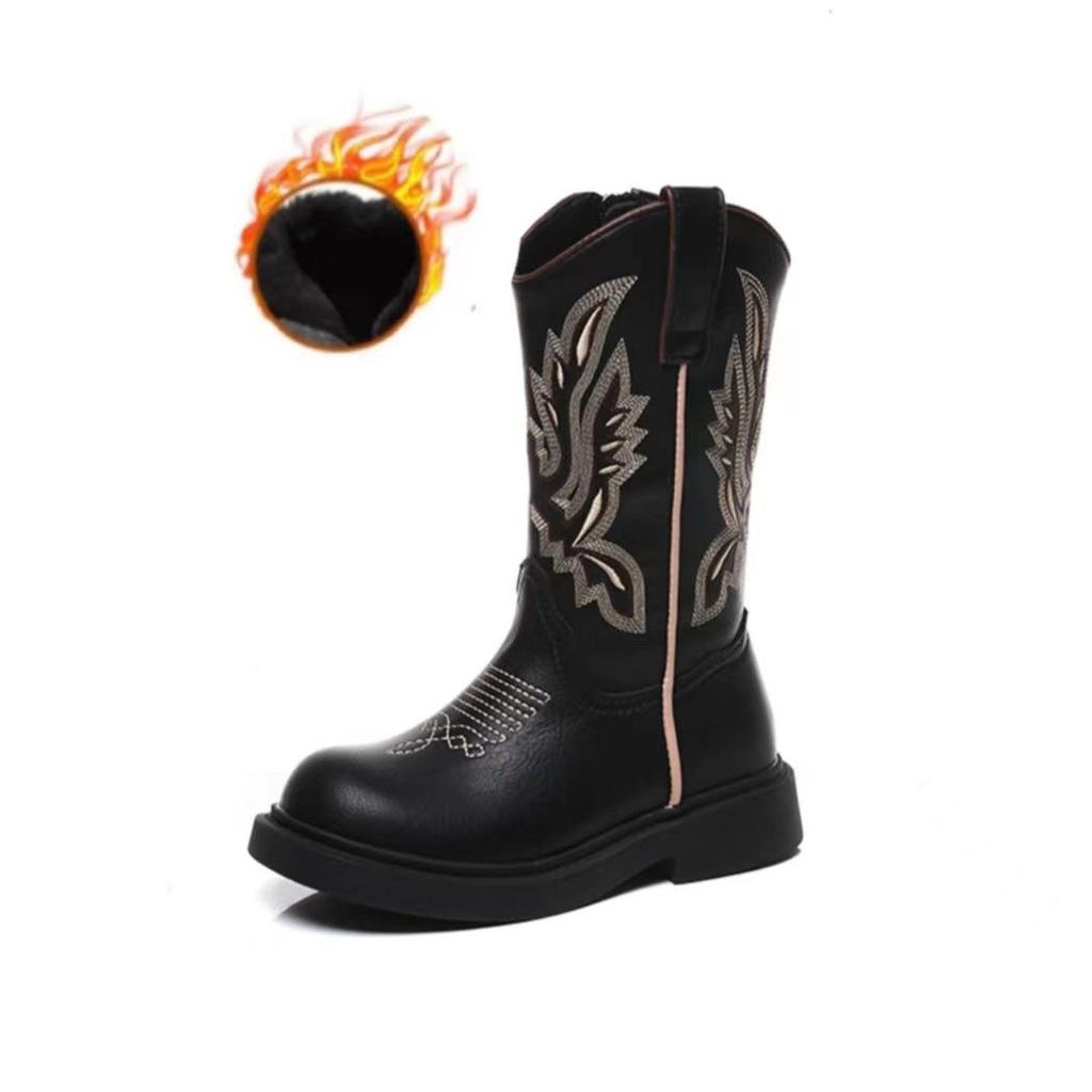Children's Retro Brown Embroidered Chelsea Boots - Soft Sole Mid-Calf Denim Leather for Girls