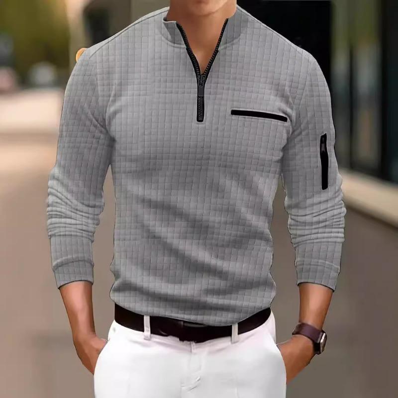 Men Waffle Quarter Zip Long Sleeve Shirt Stand Collar Casual Top With Contrast Pocket Details