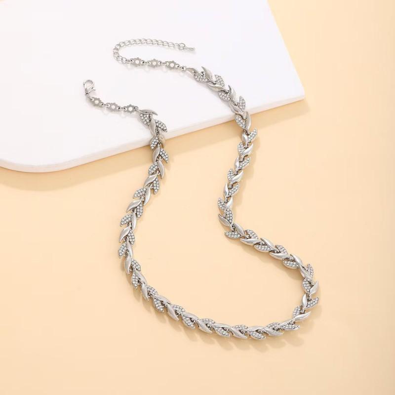 Elegant Leaf-Inspired Rhinestone Necklace Bracelet Set Women Gold Rose White Zinc Alloy Jewelry Party Occasion