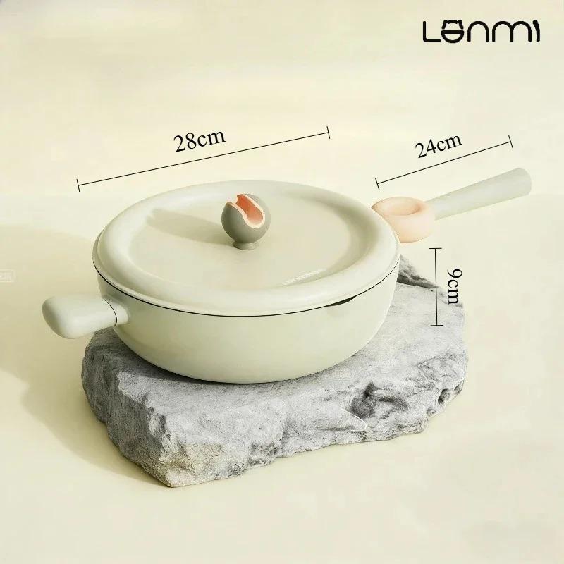

LANMI 28CM Bell Woks Non-stick Double Ear Frying Pan Low-smoke Flat Bottom Pan with Detachable Handle Stoves Universal Cookware