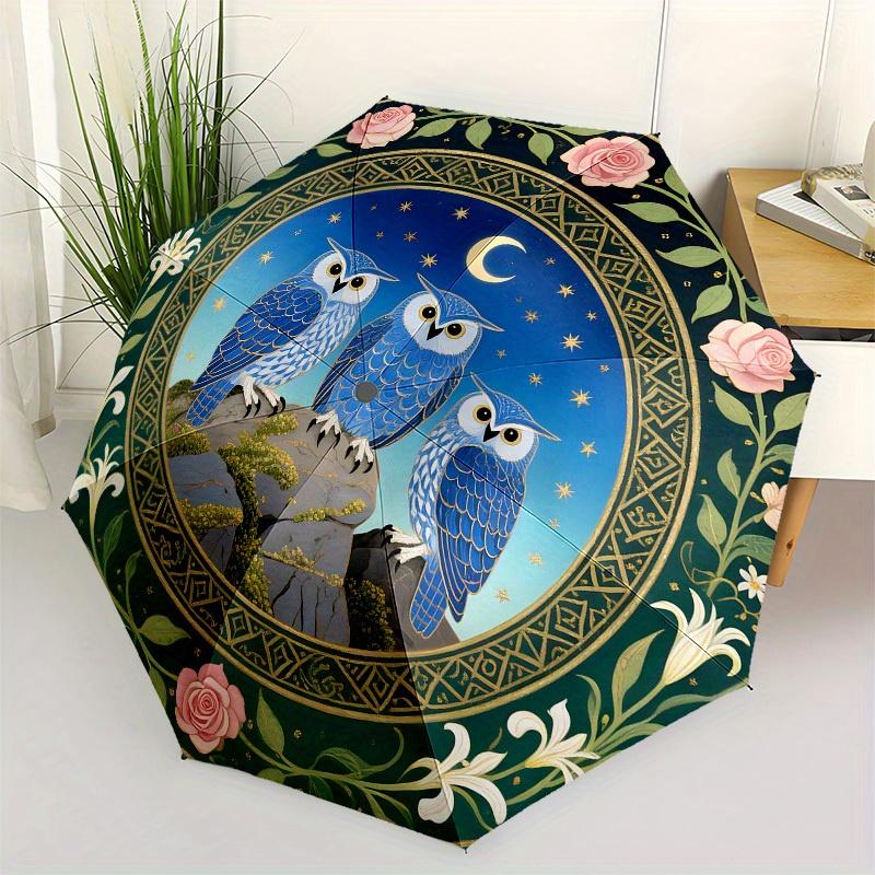 

1pc Blue Owl Trio with Floral Border Umbrella with Plastic Handle,Suitable for All Seasons Home Travel Outdoor UmbrellaB1710