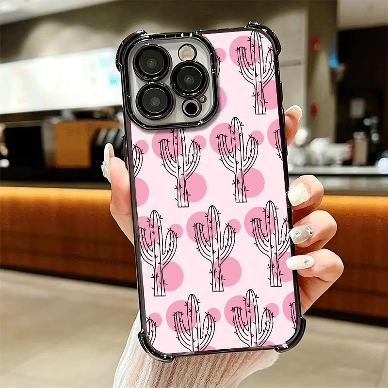 Cactus Pattern Plating Phone Case For Iphone 16 17 Pro Max Air 16E 14 15 Plus 12 13 Mini Anti-Fall Airabag Cover