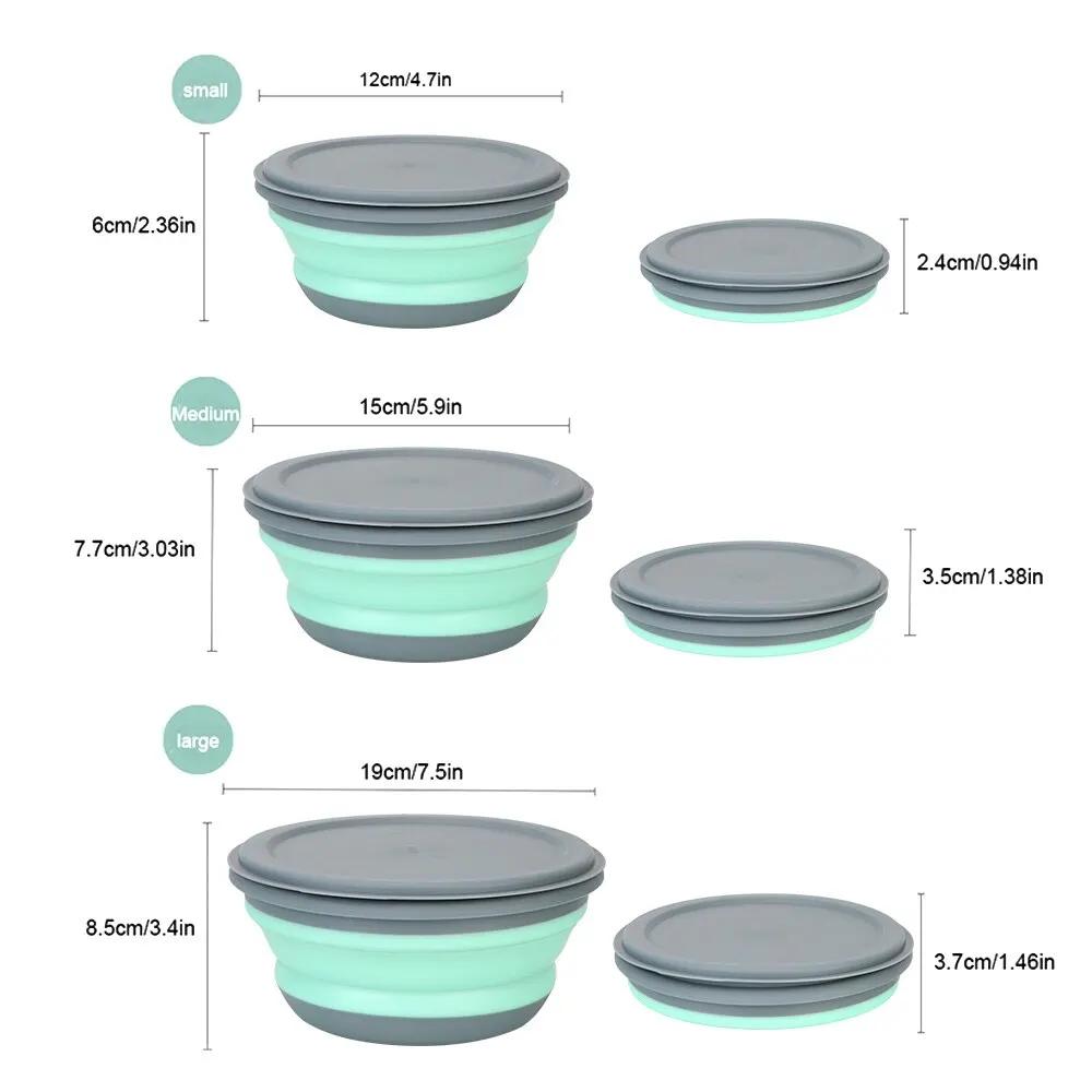 Silicone Folding Bowl with Lid, Salad Bowl Set, Foldable Lunch Box, Portable, 3 Pcs