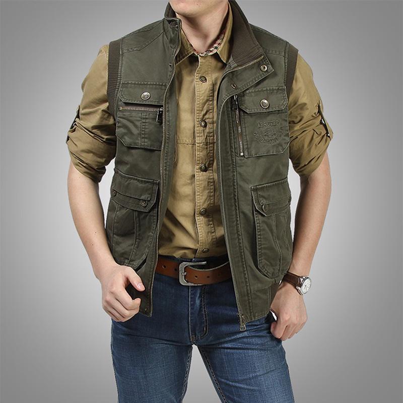 Jidengpu Men's Casual Multi-Pocket Cotton Vest - Spring & Autumn Outerwear