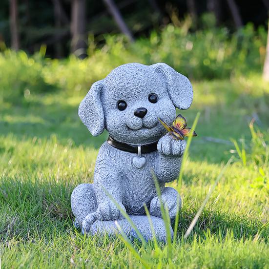 Garden Dog Statue with Solar Butterfly Light Small Resin Puppy Sculpture Outdoor Waterproof Solar Powered Animal Figurine for Yard Patio Lawn