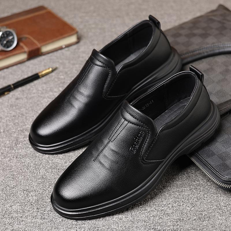 Male Leather Shoes Breathable Round Toe Men Dress Shoes Lace-up Waterproofing Solid Business Leather Shoes Black Flats