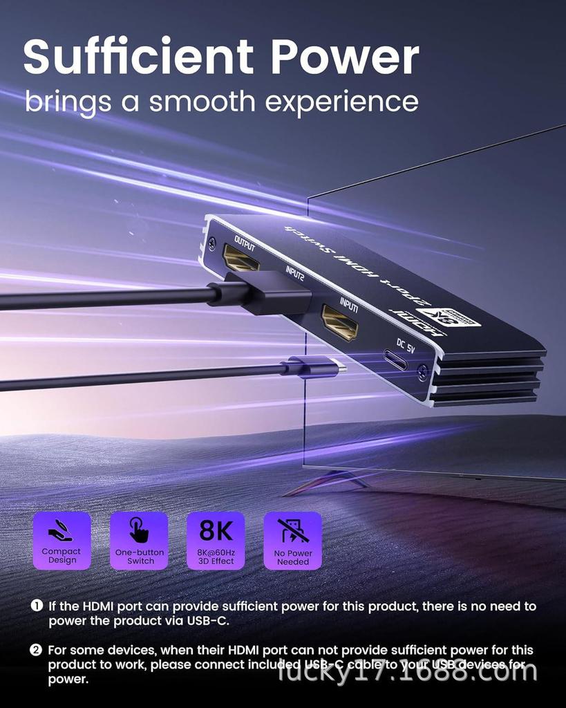 8K60 Ultra HD HDMI 2.1 Switch with Remote, 2 In 1 Out, Instant Switching