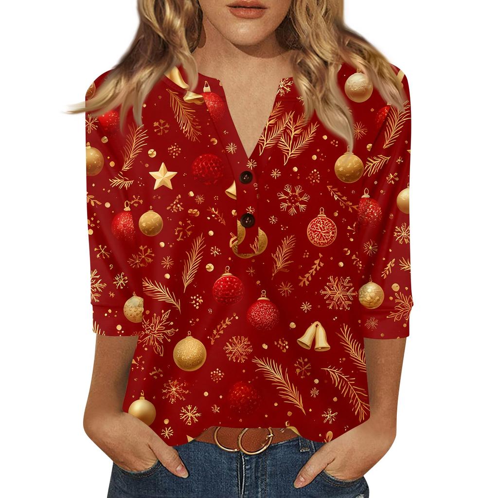 Women's T Shirt Christmas Print Button 3/4 Sleeve Daily Weekend Fashion Basic V- Neck Regular Top