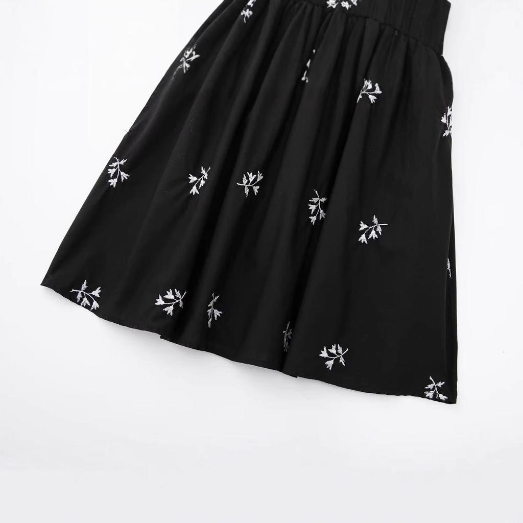 Spring 2025 Women's Black Floral Embroidered Poplin Dress (European & American Style)
