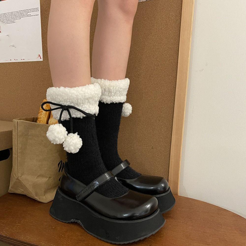 Plush Balls Winter Socks Women Y2K Coral Fleece Socks Kawaii Woolen Lolita Socks  Winter