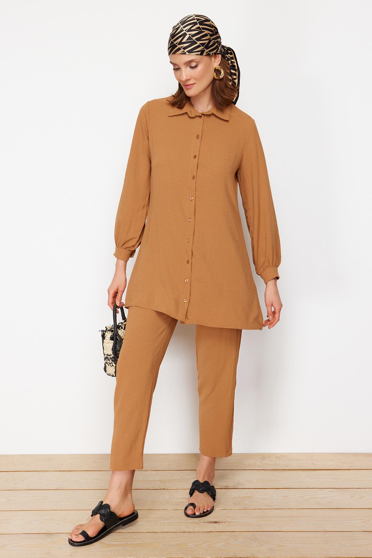 

Женский хиджаб с верхом снизу, модный новый сезон, темно-бежевый рукав, детальная рубашка-брюки, тканый костюм S танжело