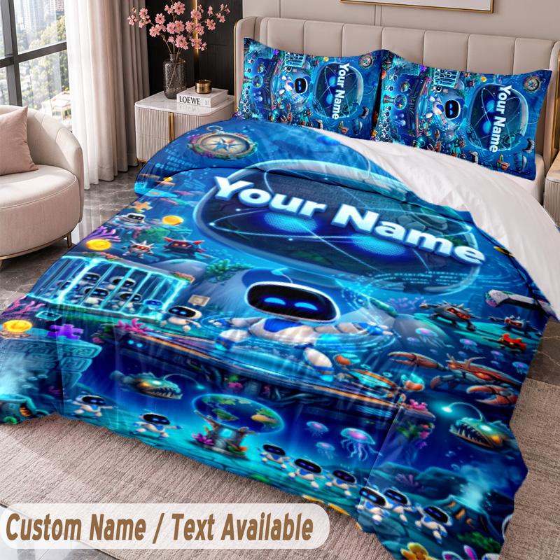 Custom Name Text 3Pcs Bedding Set Astro Bot Duvet Cover And Two Pillowcases