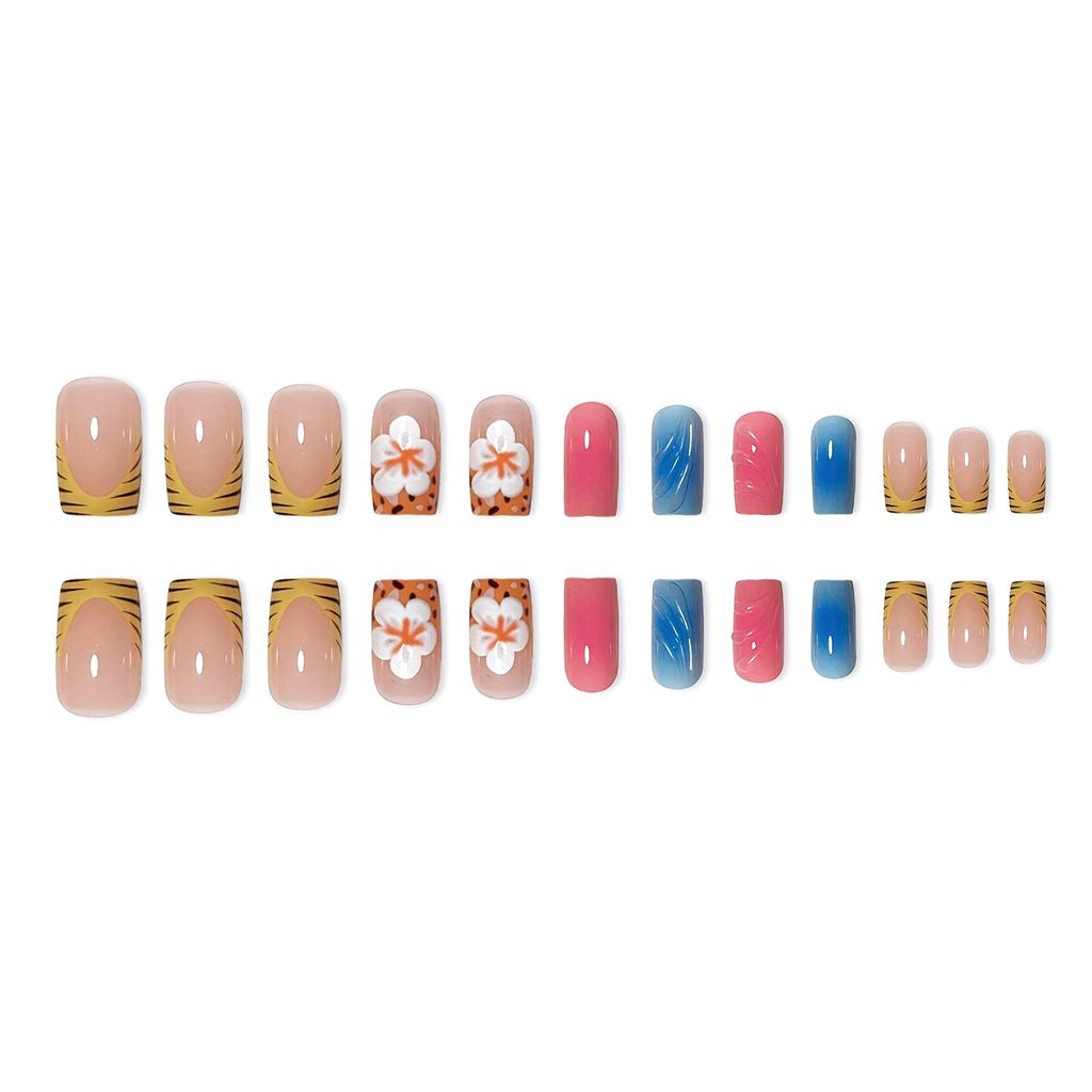 24pcs Flower Square Press On Nails Floral Pattern Removable Press On Nails for Stage Performance Wear
