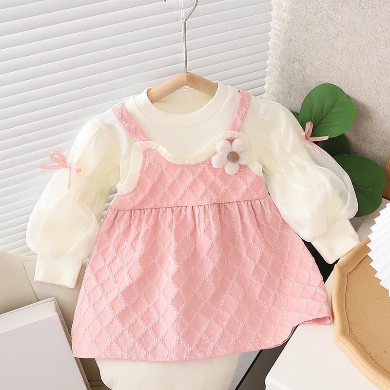 Girls Fall Long Sleeve Princess Dress Kids Baby Fake Two Piece Dress Little Girl Sweet Dress 80cm