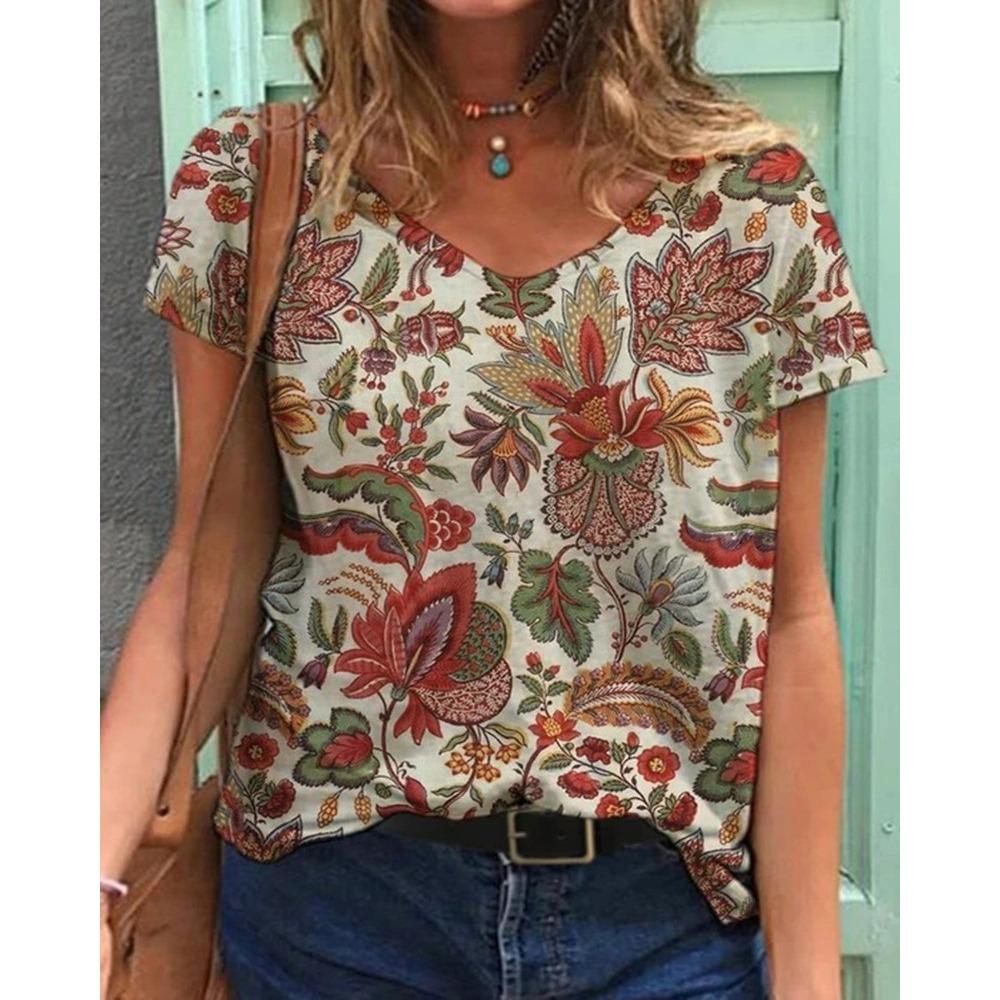 Summer Flower T-Shirts Floral 3D Print Women V-Neck Short Sleeve T Shirt Y2k Harajuku Oversized Tees Tops Female Street Clothing