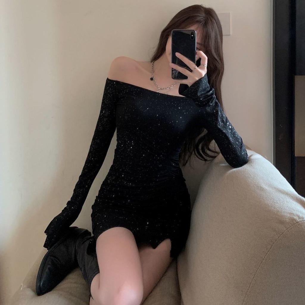 Black Satin One Shoulder Dress With Rhinestone Embellishments For Evening Wear