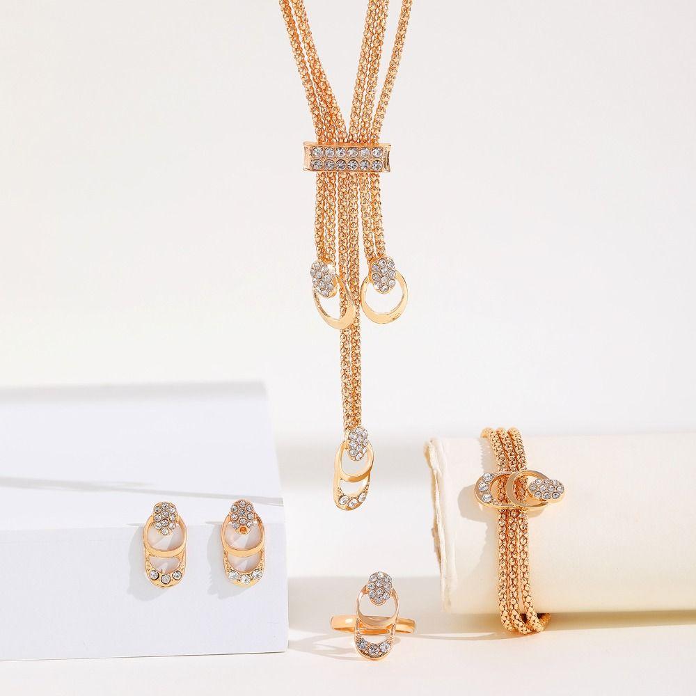 5Pcs Earrings Rhinestone Jewelry Suit Geometric Bracelet Chain Set Tassel Necklace Suit  Party