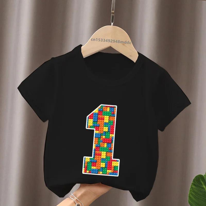Cartoon Building Blocks Bricks Print Kids TShirt Number Tees for Boys And Girls Funny Birthday Baby Top 29 Years
