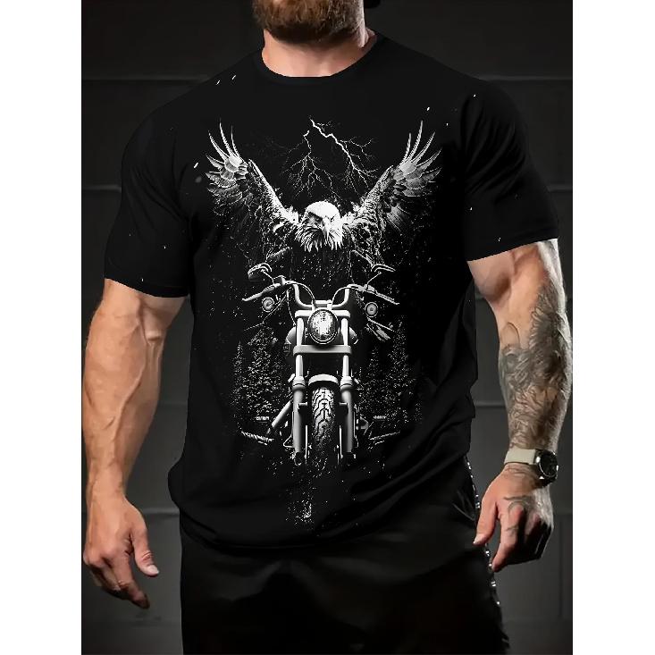 Men's Heavyweight 100% Cotton Motorcycle Graphic T-Shirt - Black Biker Rebel Tee with Eagle Riding Motorcycle, Skull & Wings Design, Gothic Lettering