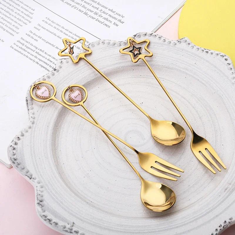 Cuillère à café en acier inoxydable 304 Cuillère à glace pastèque Cuillères à thé Cuillère à dessert Fourchette Avec joli pendentif Vaisselle créative