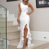WISH European & American Ruffle Big Swing Slit Floor-Length Evening Dress
