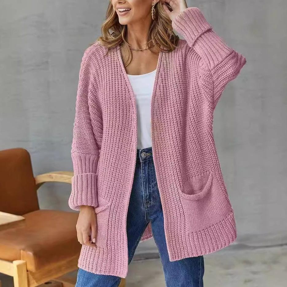 Sweater European and American pockets solid color loose sweater jacket lazy style fashion commute
