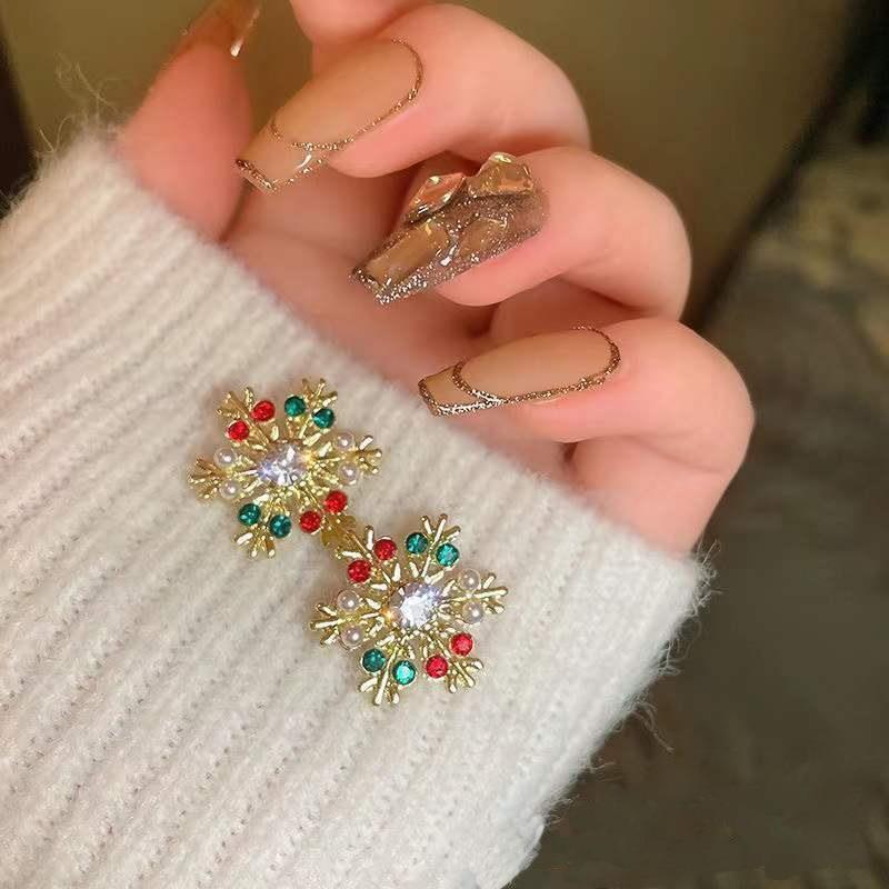 Crystal Christmas Snowflake Zircon Colorful Pearl Earrings Stud For Women Dangle Hook  Xmas Party  Jewelry Gift