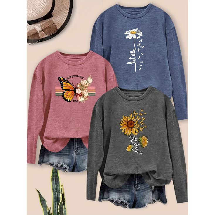 Fashionable Women's Elegant Floral Butterfly Letter Combination Print Pattern Round Neck3Long-sleeved outfit T Shirts for women in spring, summer,