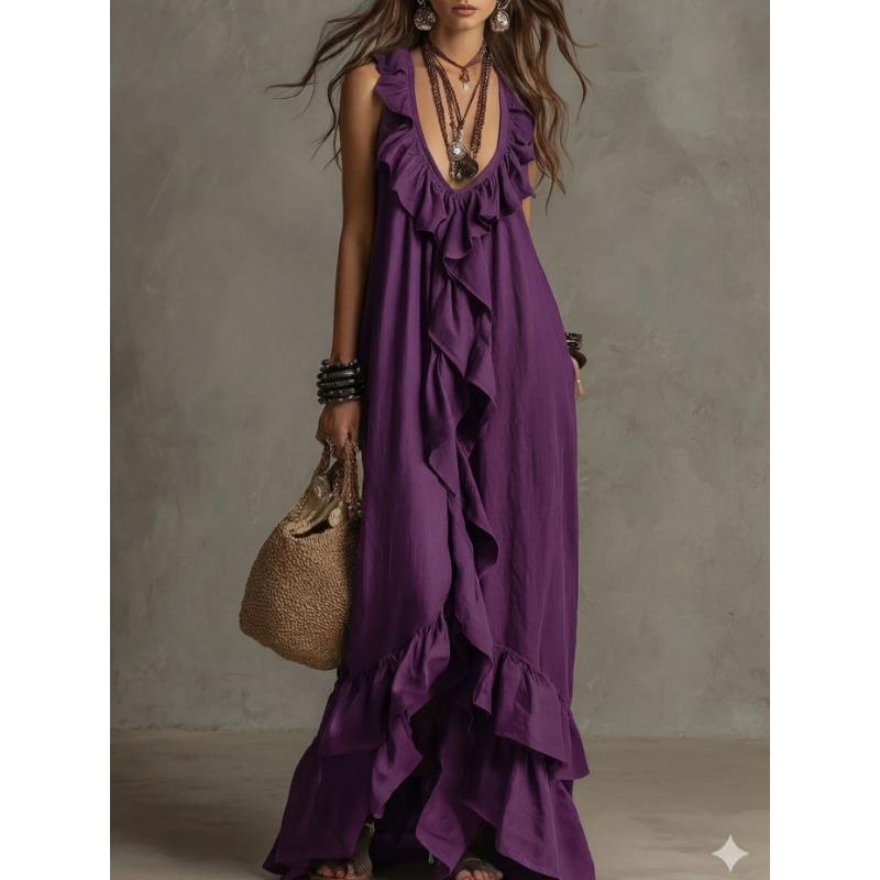 Women S Vintage Bohemian V Neck Short Sleeve Ruffled Long Dress